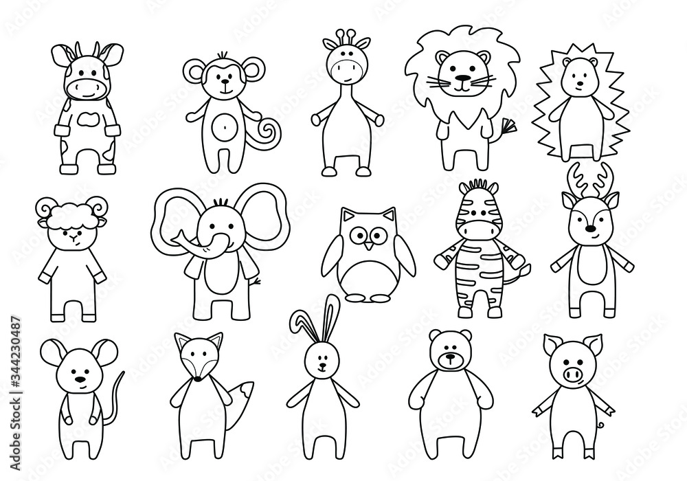 Set of funny cartoon animals lion zebra elephant giraffe lamb bull hedgehog fox bear hare monkey mouse deer owl pig cute coloring book for kids black sketch simple shapes vector vector