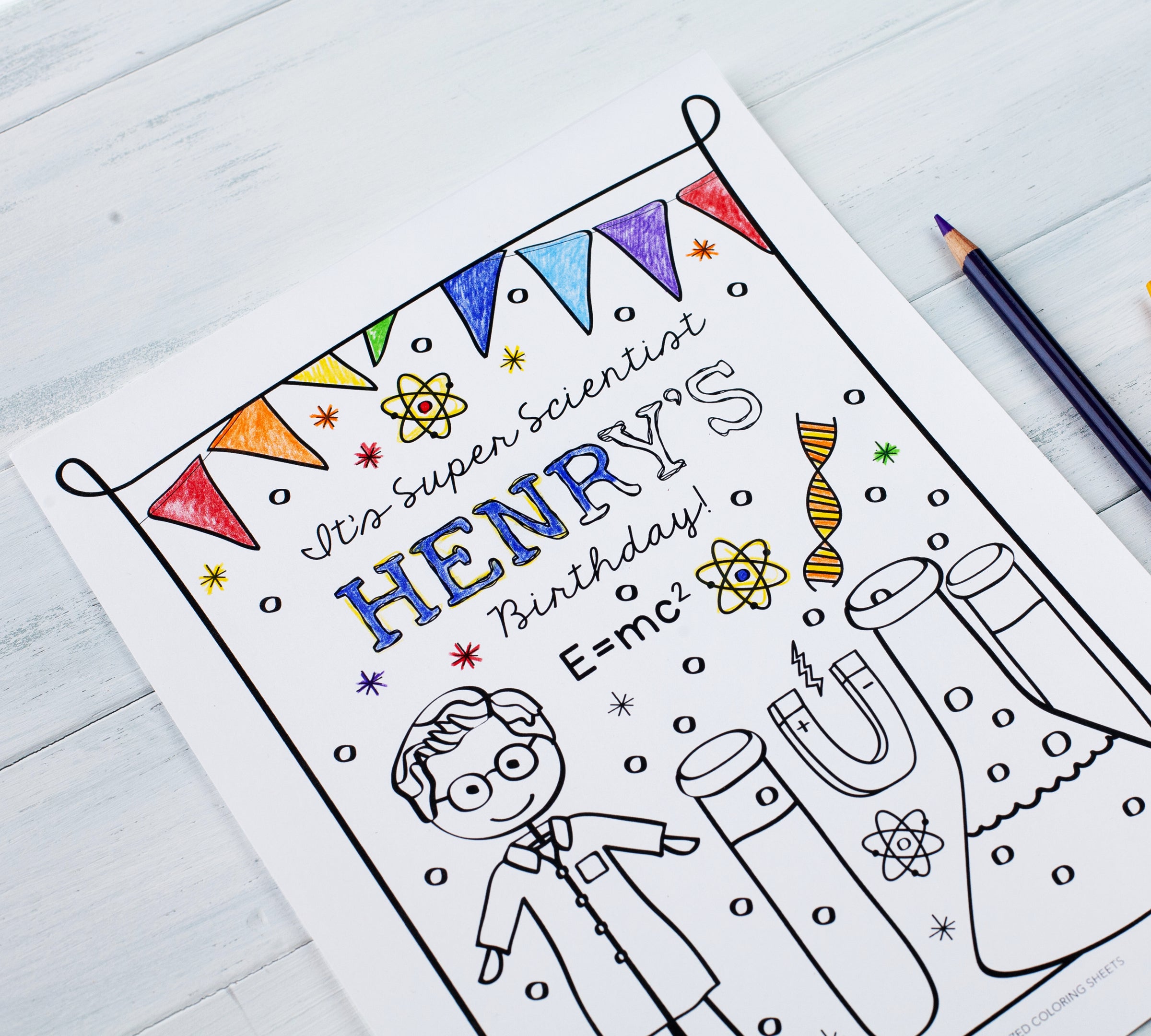Super science birthday party printable coloring sheet designs persona â samantha b design