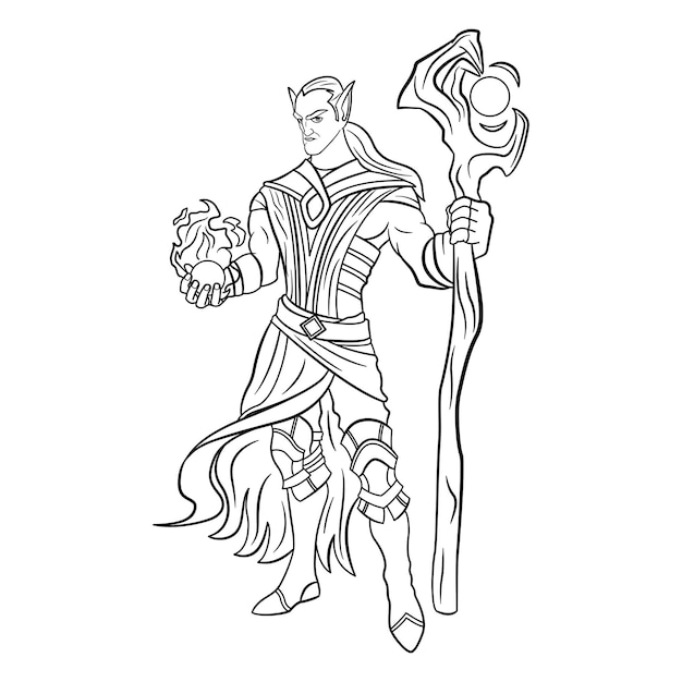 Premium vector elf wizard warrior d for coloring book