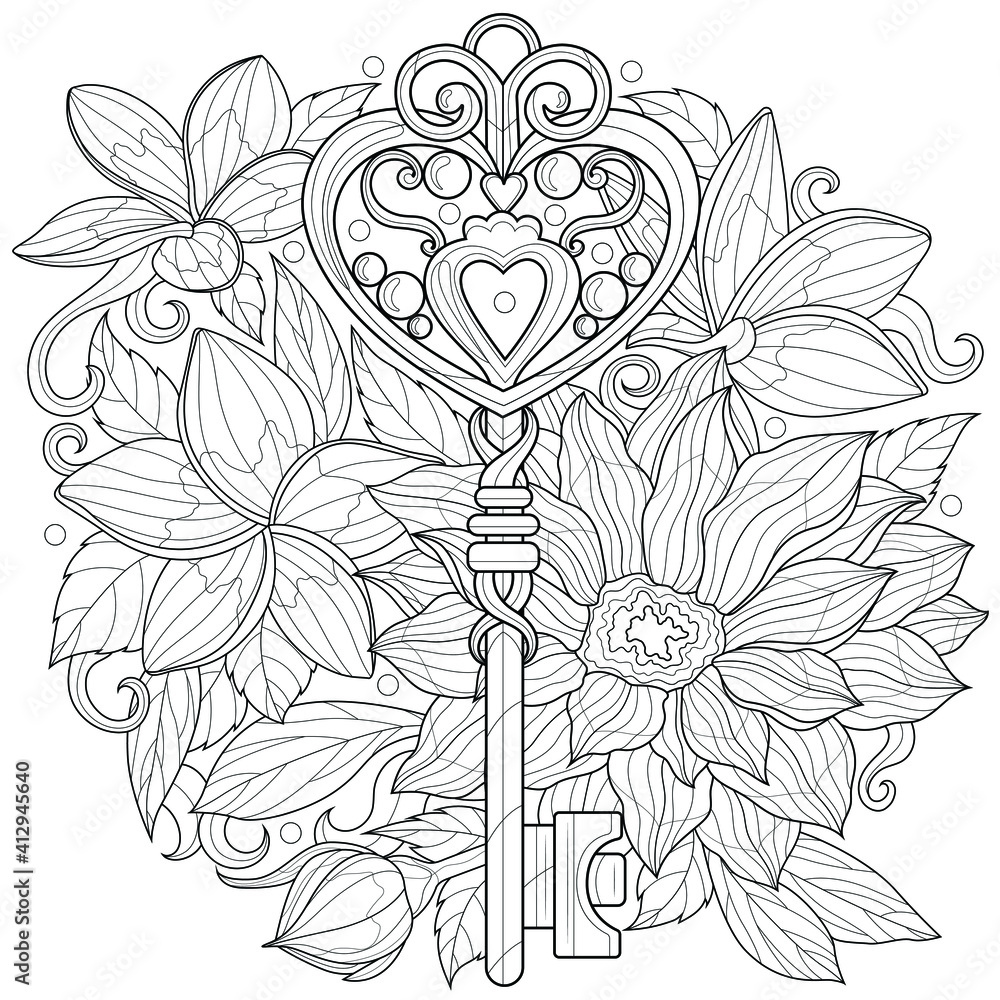 Key among flowerscoloring book antistress for children and adults illustration isolated on white backgroundzen