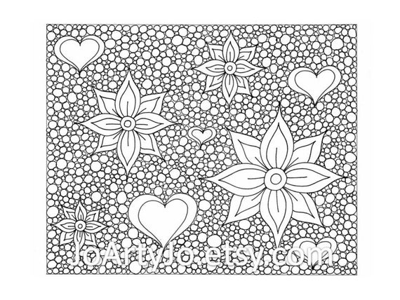 Hearts and flowers coloring page zentangle inspired zendoodle page
