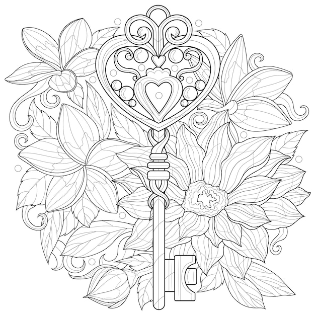 Premium vector key among flowerscoloring book antistress for children and adults illustration isolated on white backgroundzen