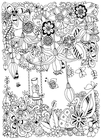 Vector illustration zen tangle girl on a swing in the flowers doodle garden forest thumbelina coloring book anti stress for adults coloring page black and white ù ùùø øªøµù ùù ù