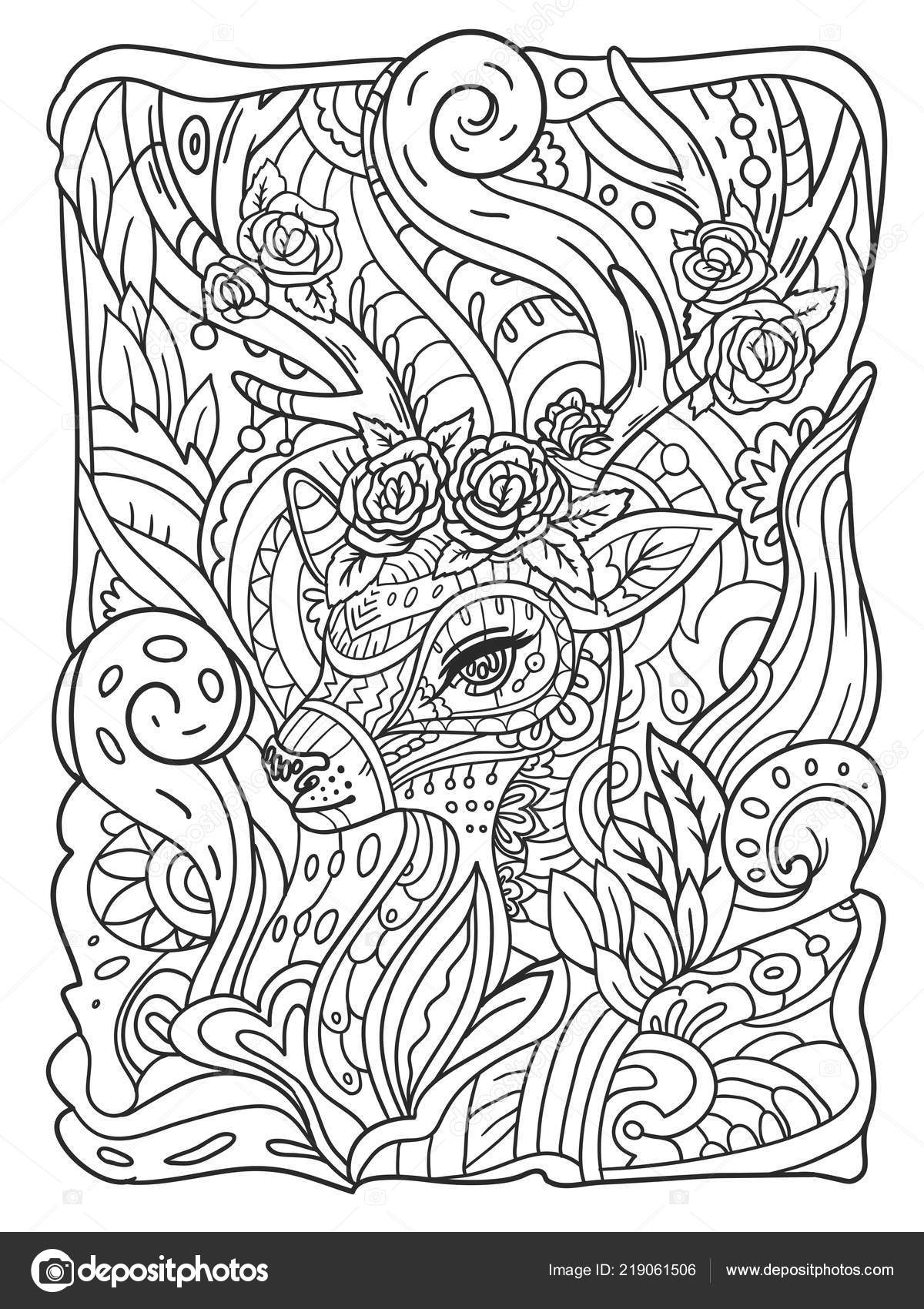 Zen doodle coloring page adults deer roses vector illustration white stock vector by ksania