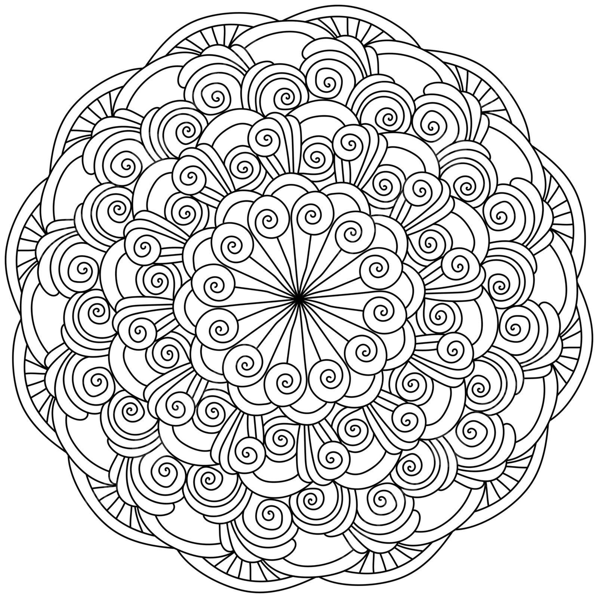 A vector illustration of a zen coloring book page with multiple spiral curls and flowing lines in a mandala design vector yoga postcard style png and vector with transparent background for free
