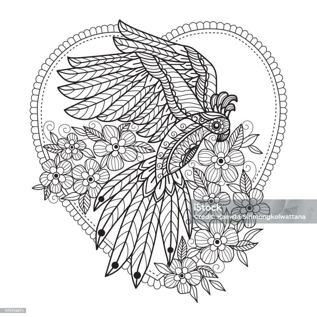 Zen doodle parrot and flowers tangles adult coloring books illustration zentangle style stock illustration
