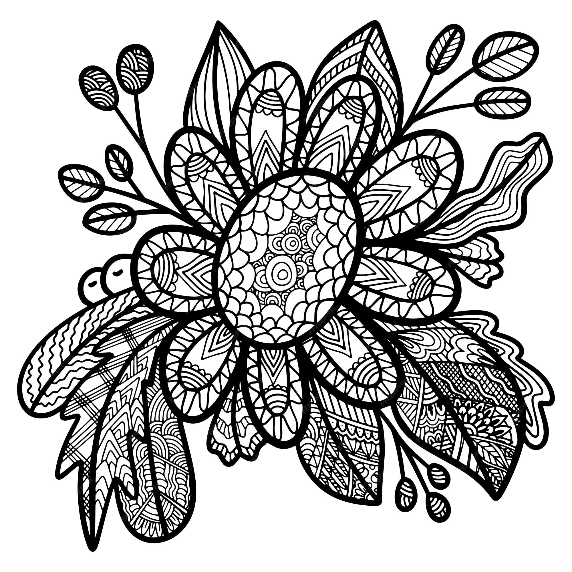 Premium vector zen doodle antistress coloring page flowers coloring book page for adults and children vector hand drawn illustration of bouquet zen tangle floral position
