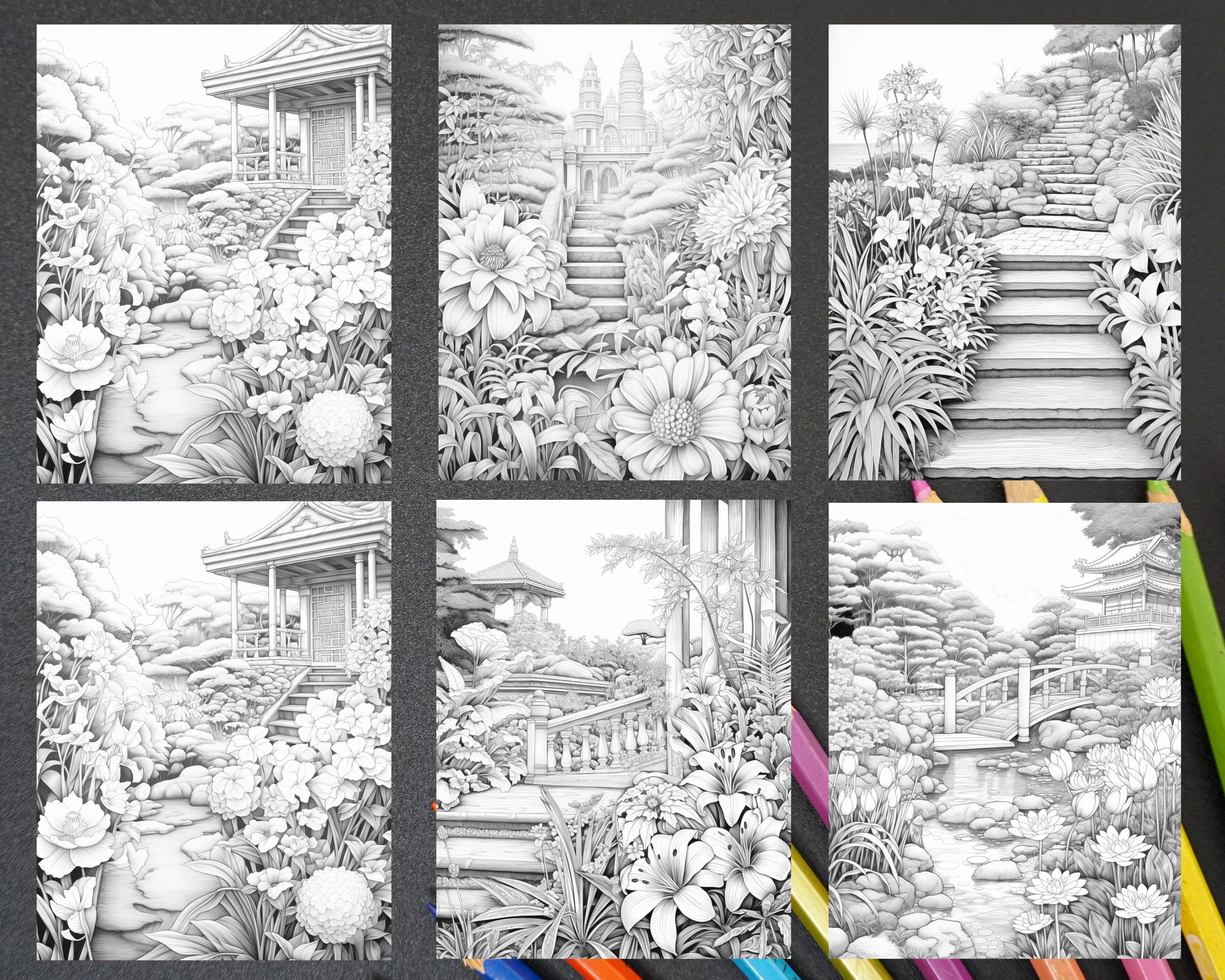 Zen garden flowers grayscale coloring pages for adults printable p â coloring