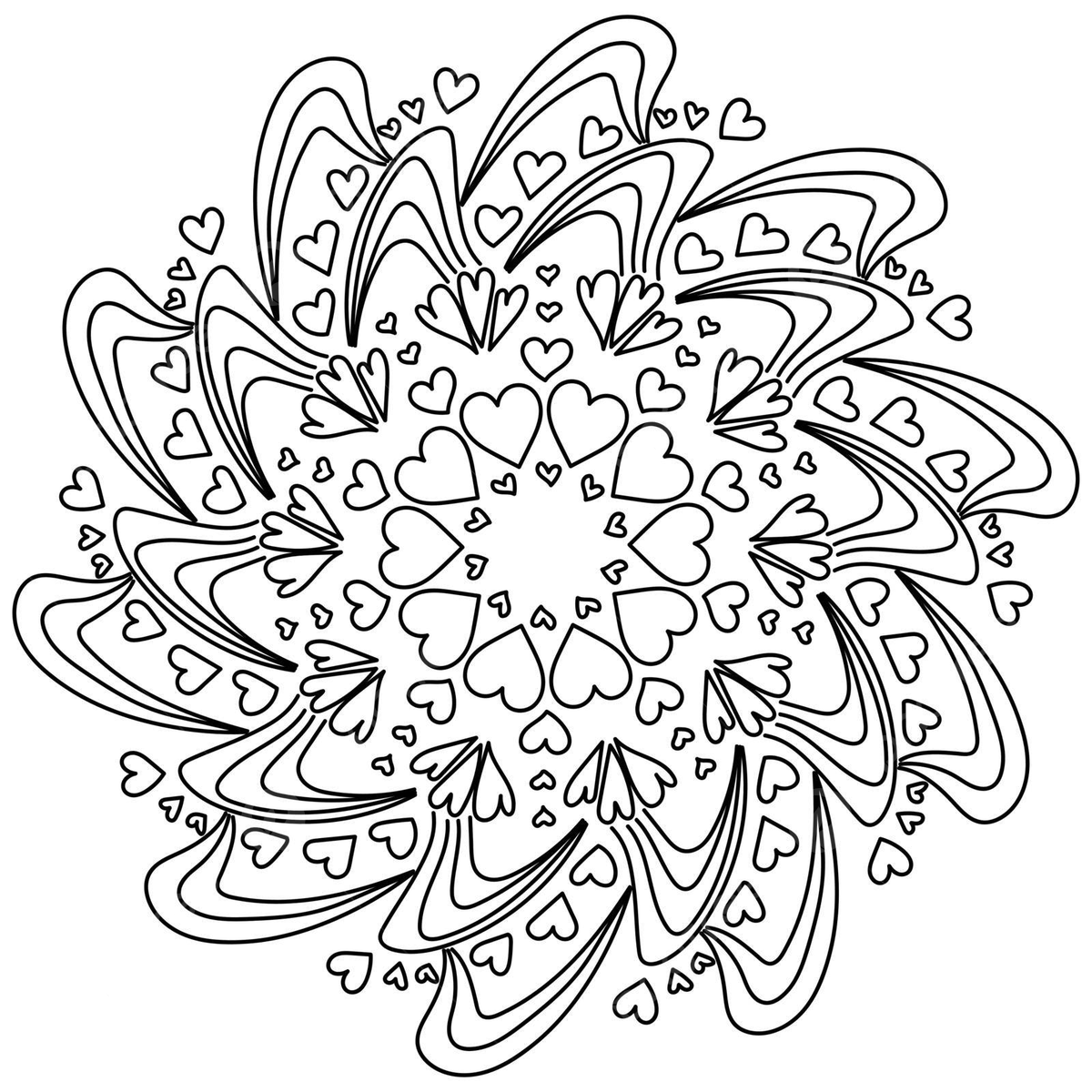 Zen antistress coloring page a contour drawing of a mandala featuring hearts wave patterns and doodle elements vector traditional style yoga png and vector with transparent background for free download