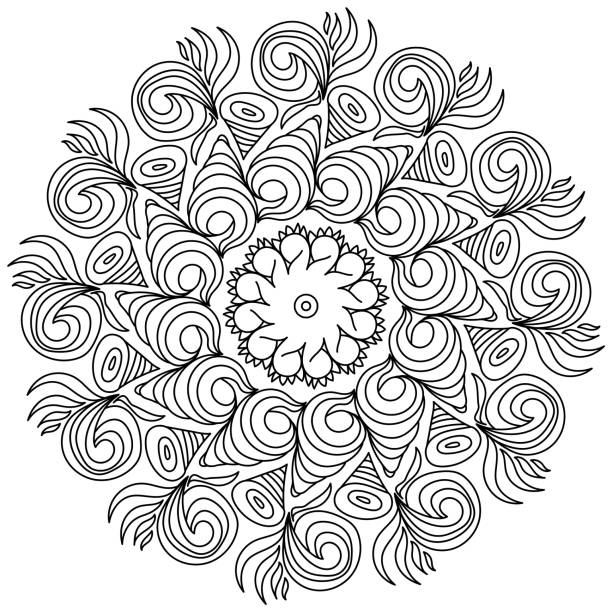 Contour zen mandala with fantasy patterns in the form of spiral seashells antistress coloring page in the form of a round frame with curls stock illustration
