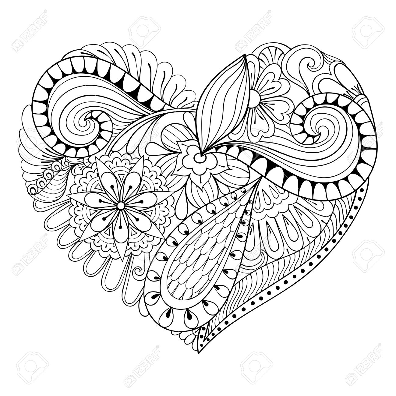 Artistic floral doodle heart in zentangle style for adult coloring page hand drawn vector monochrome illustration valentines day greeting card template background symbol of love royalty free svg cliparts vectors and stock