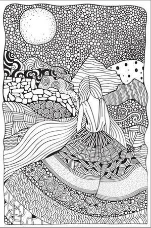 Young girl with long hair beautiful long dress in zentangle style adult coloring book page in a print