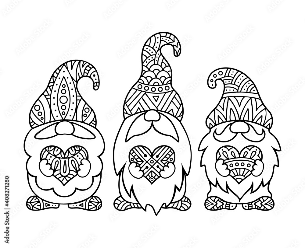 Gnomes holding hearts outline vector illustration zentangle style gnomes for coloring books or pages cute characters for valentines day vector