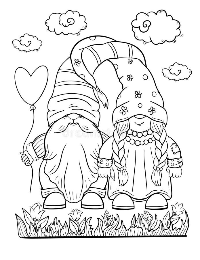 Gnomes couple coloring book page for kids outline illustration stock vector