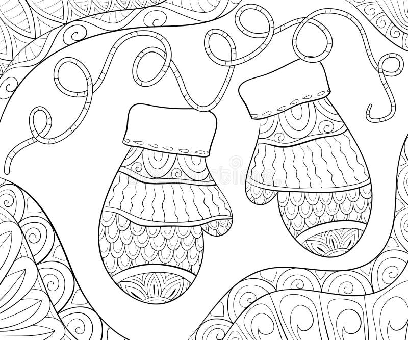 Adult coloring bookpage a christmas gloves on the background with decoration ornaments for relaxingzentangle stock vector