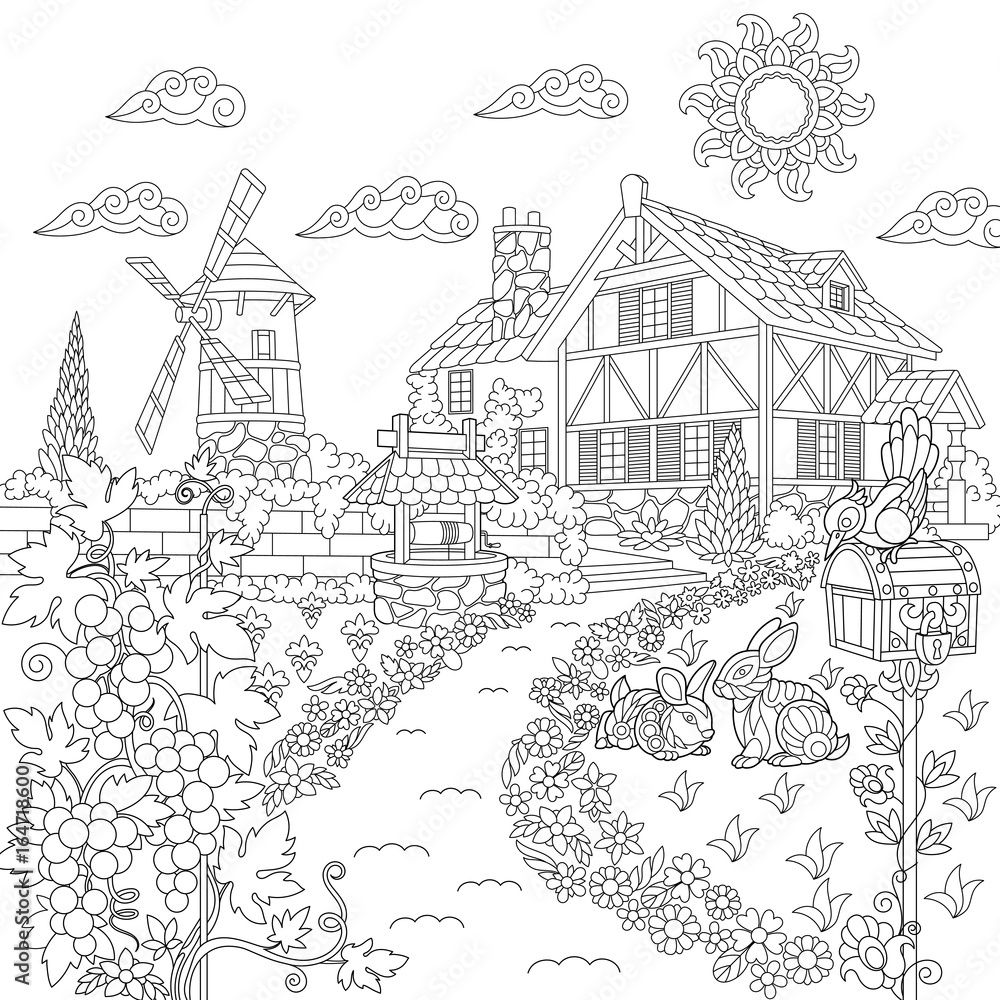 Coloring book page of rural landscape farm house windmill water well mail box rabbits bird grape vines freehand drawing for adult antistress colouring with doodle and zentangle elements vector