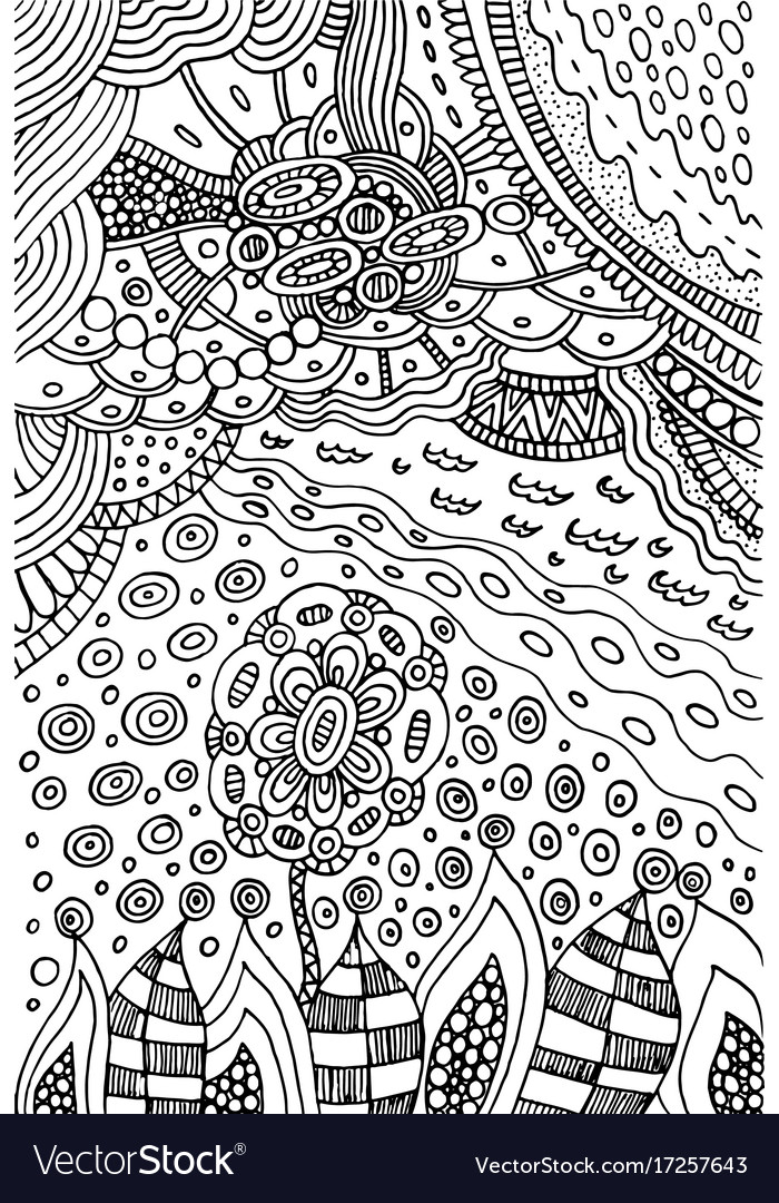 Coloring page with doodle flower and landscape vector image