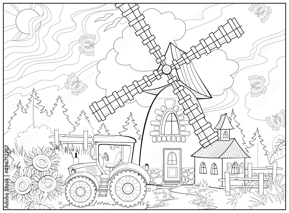 Rural landscape with windmill and tractor coloring book for children and adults image in zentangle style printable page for drawing and meditation black and white vector illustration vector