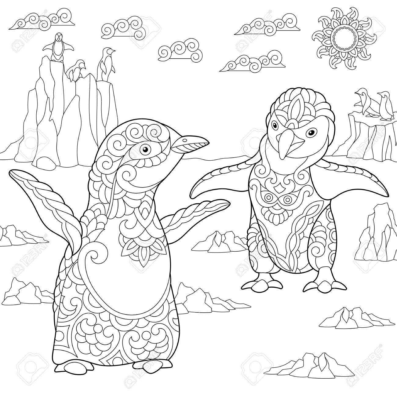 Coloring page of young penguins among arctic landscape freehand sketch drawing for adult antistress coloring book in zentangle style royalty free svg cliparts vectors and stock illustration image