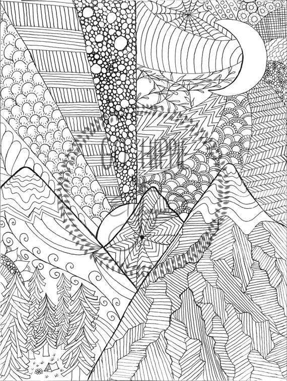 Zentangle mountain landscape digital coloring page