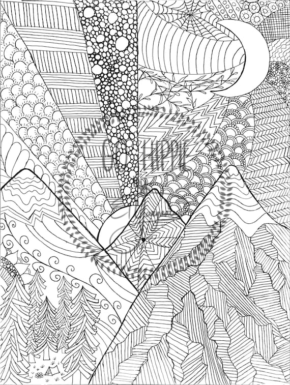 Zentangle mountain landscape digital coloring page