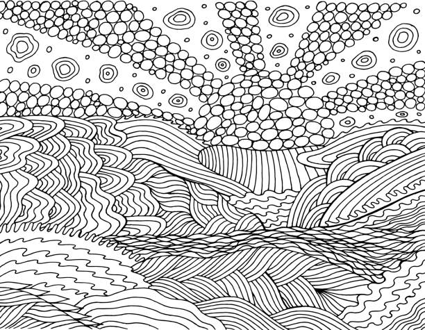 Psychedelic landscape coloring page for adults sea sunsetsun ocean sky and clound oceanic waves seaside illustration doodle drawing vector artwork stock illustration