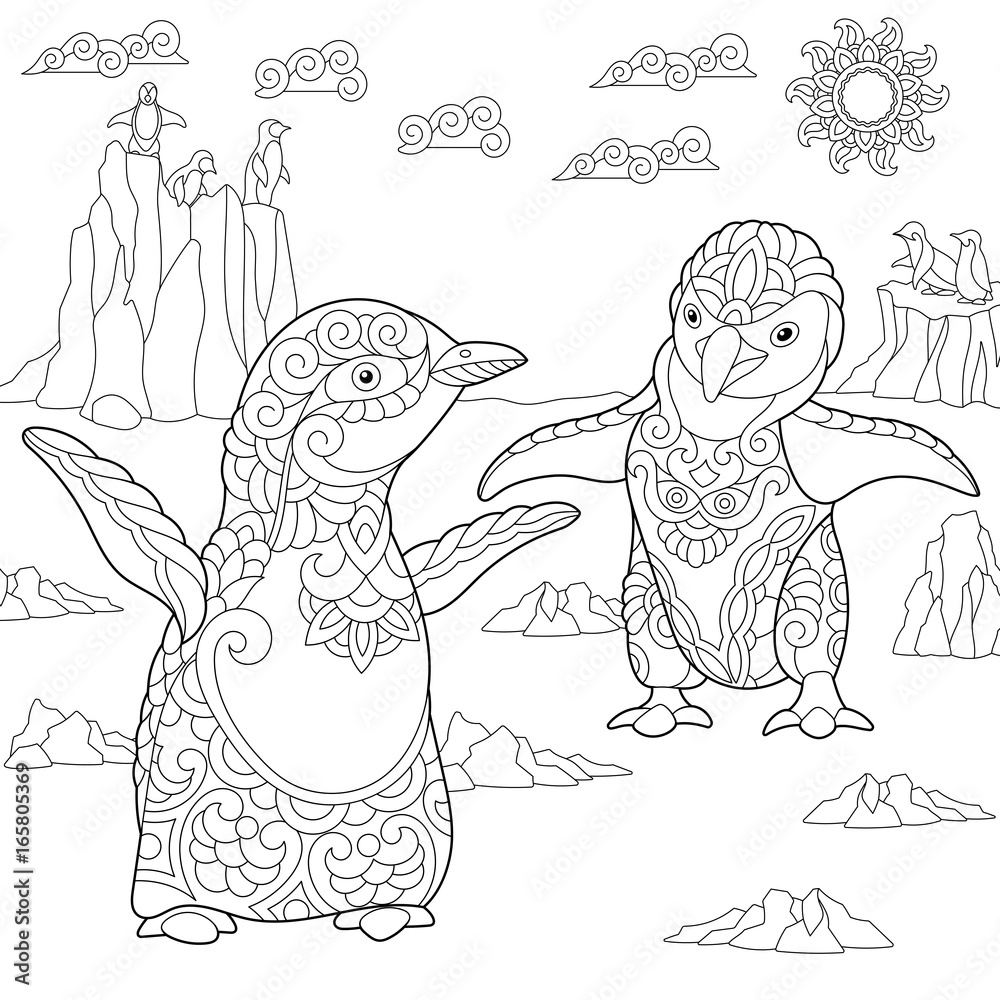 Coloring page of young penguins among arctic landscape freehand sketch drawing for adult antistress coloring book in zentangle style vector