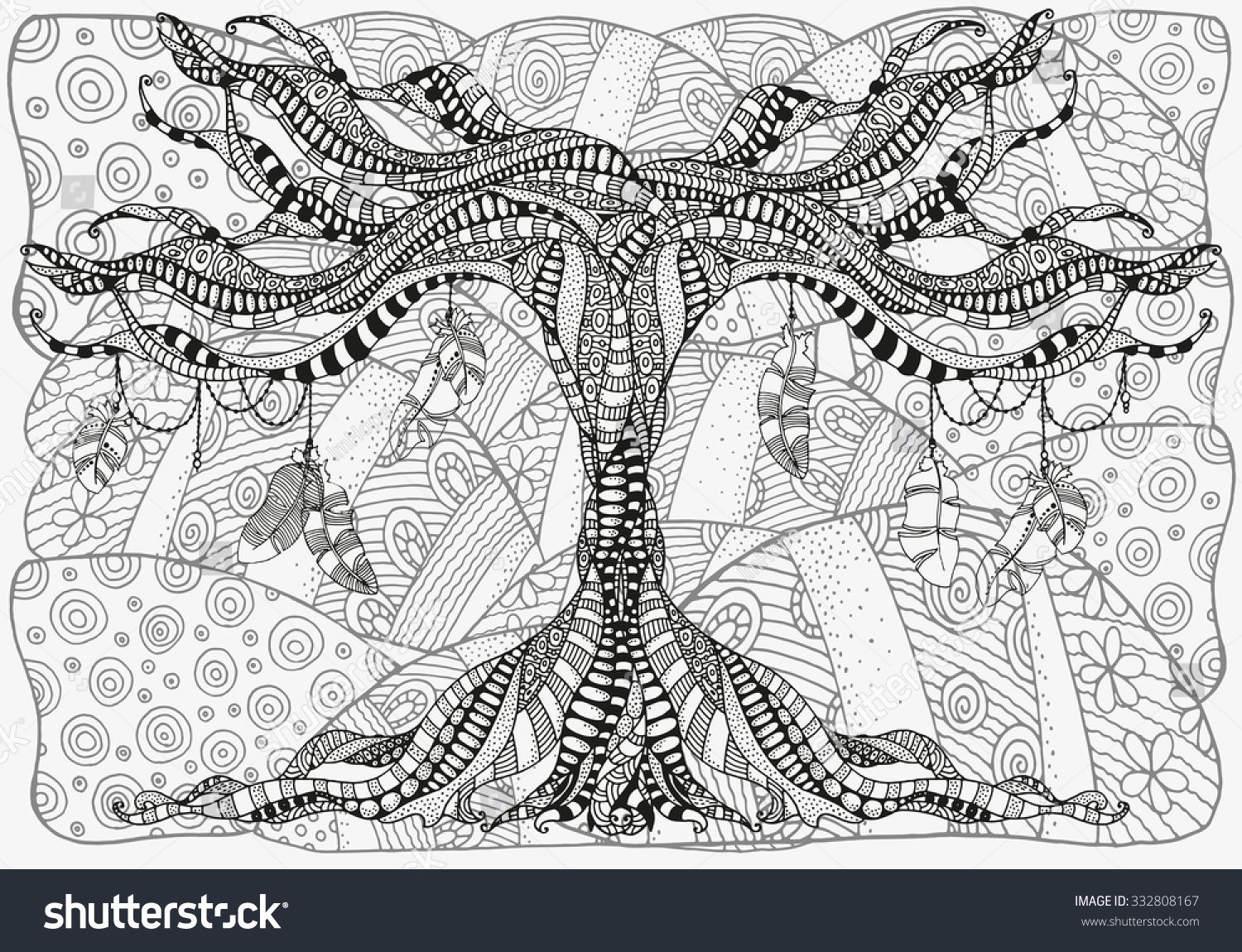 Artistically tree feathers zentangle landscape sketch stock vector royalty free shutterstock tree coloring page coloring pages zentangle