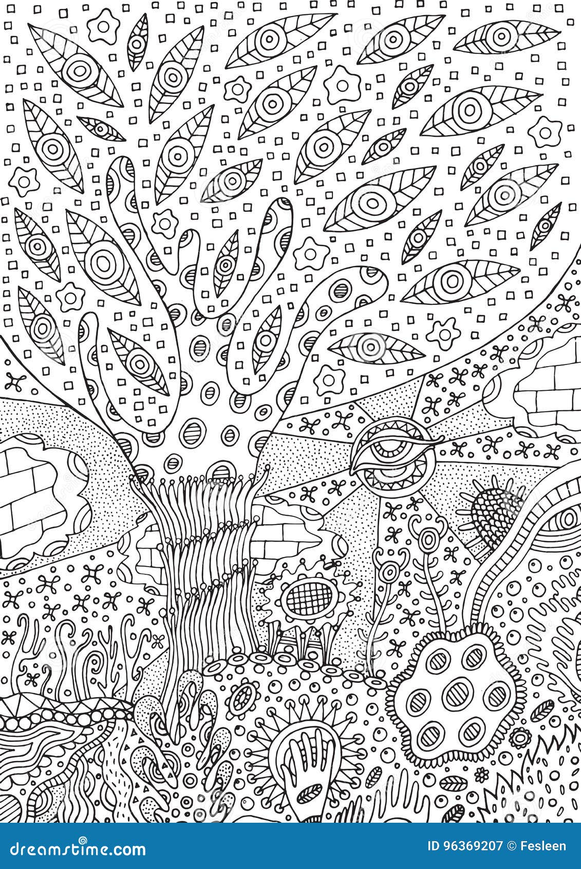 Coloring page with surreal landscape stock vector