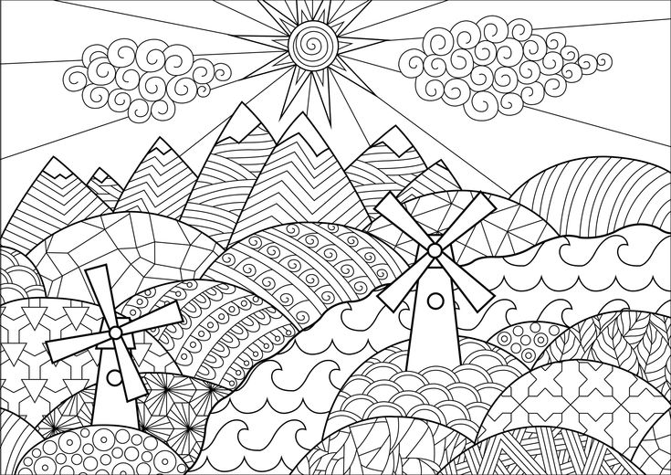 Lovely landscape with hills mountains and two cute mills doodle patterns coloring pages coloring books