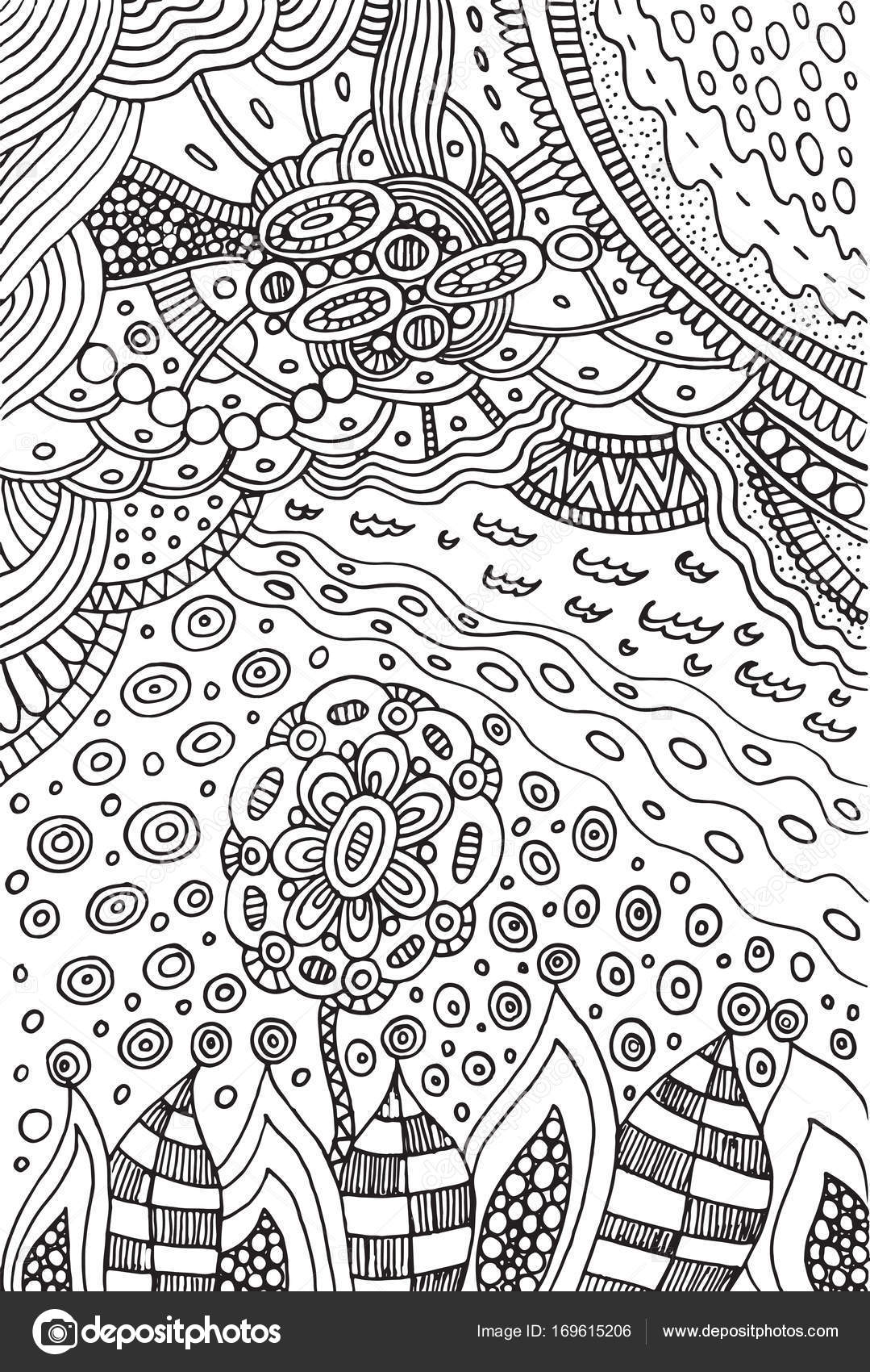Coloring page with doodle flower and landscape stock vector by fesleen