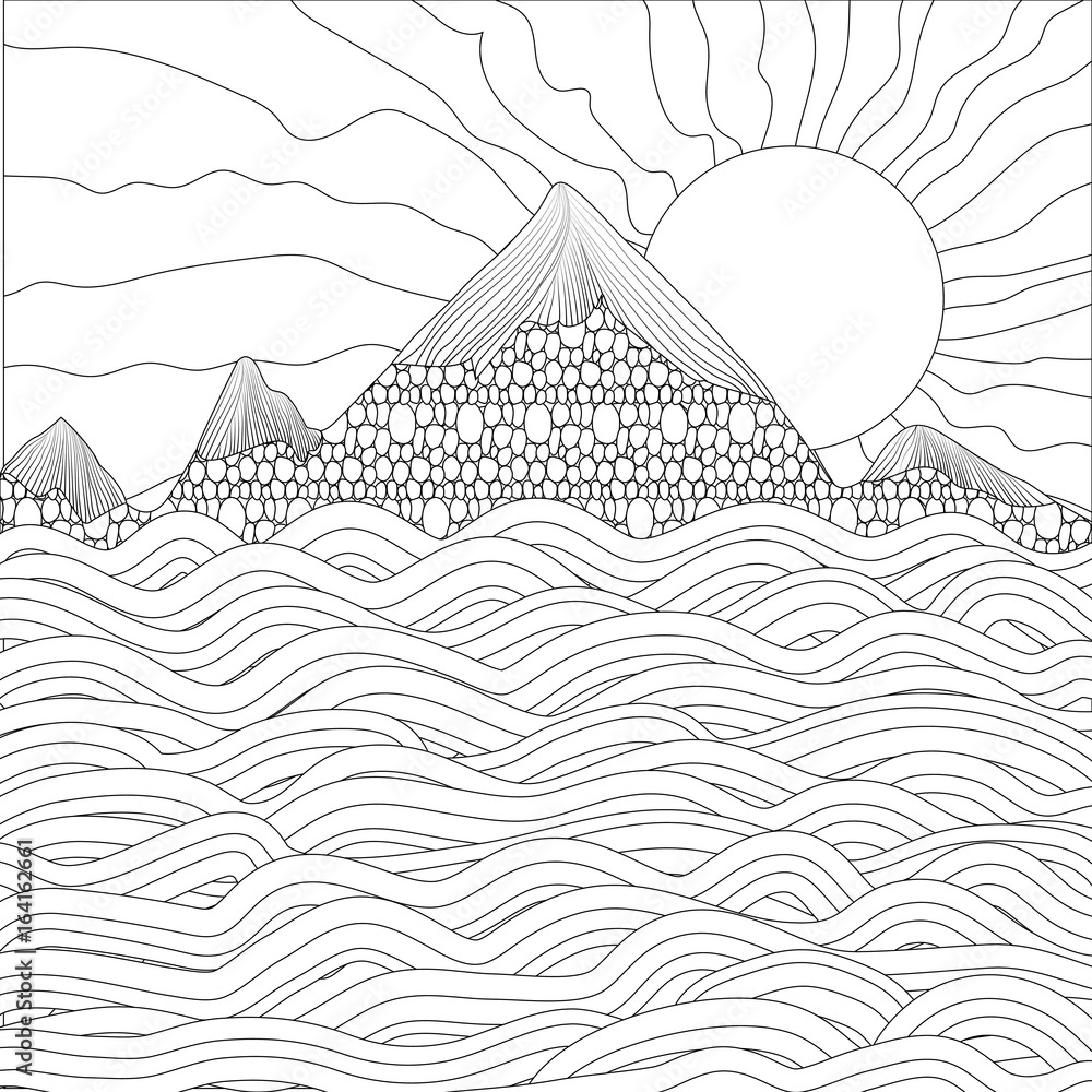 Landscape with sea mountains and sun on a white background vector illustration black and white sample page for coloring book doodle zentangle vector