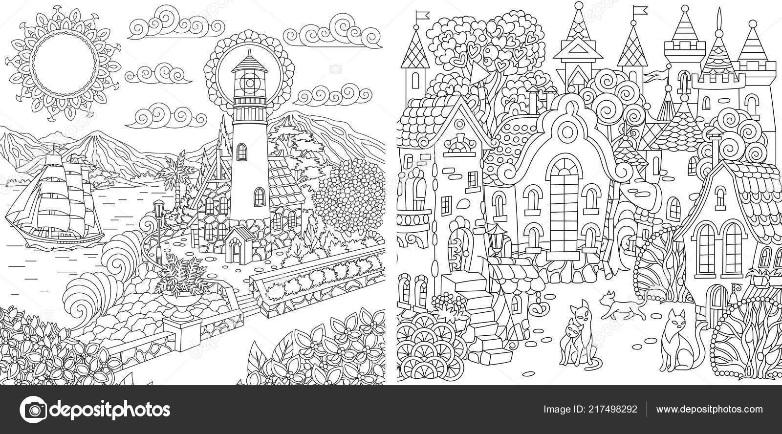 Coloring pages coloring book adults colouring pictures sea city landscapes stock vector by sybirko