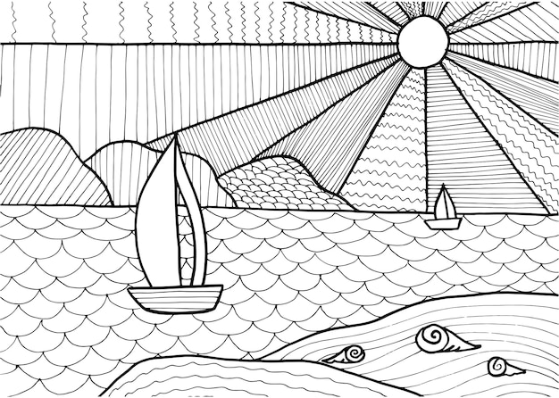 Premium vector doodle fantasy sea landscape coloring page for adults fantastic graphic artwork hand drawn simple illustration