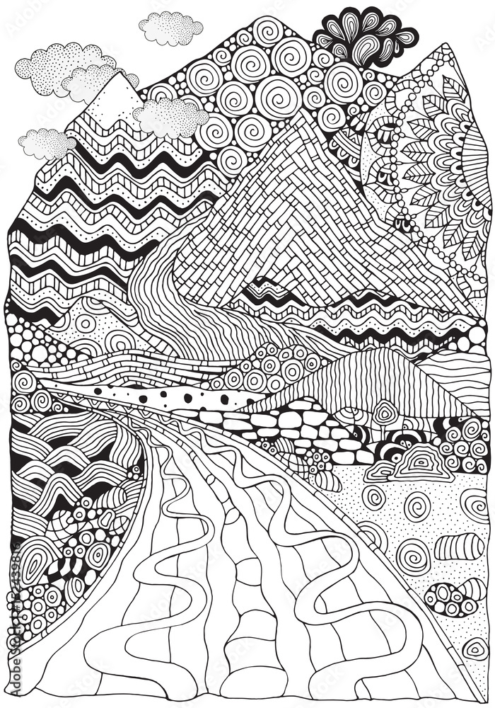 Long road and mountains zentangle landscape anti stress coloring book page for adult black and white vector illustration zen art doodle style vector