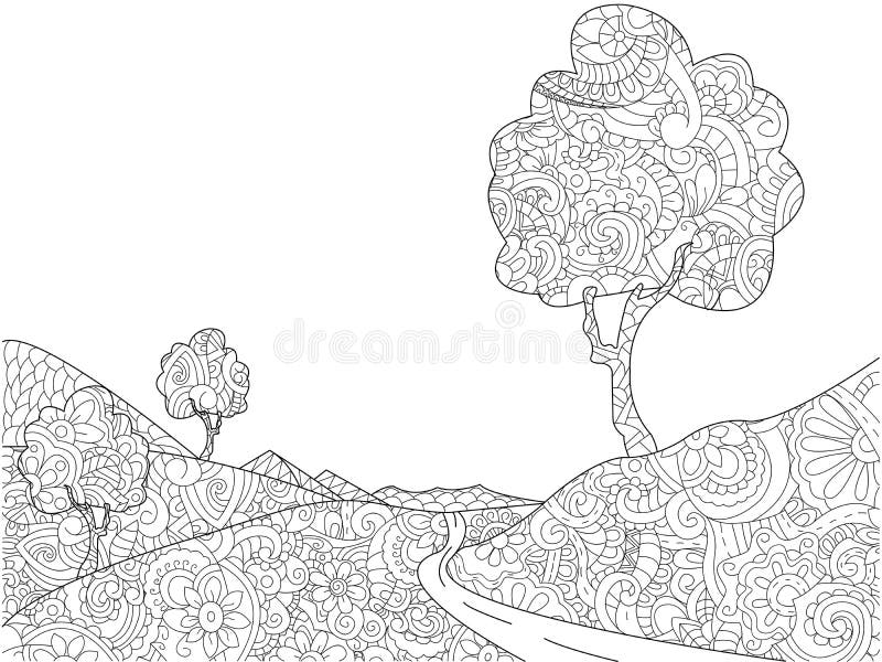Landscape coloring book for adults raster stock illustration
