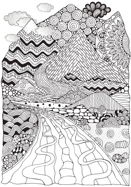 Long road and mountains doodle landscape anti stress coloring book page for adult black and white stock illustration