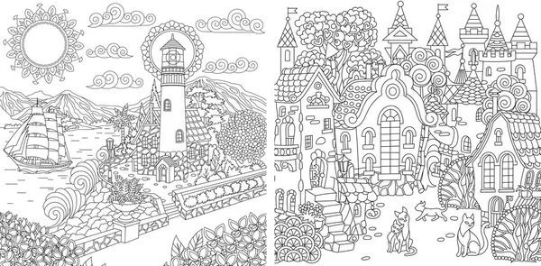 Coloring pages coloring book for adults colouring pictures with sea and city landscapes drawn in zentangle style vector illustration