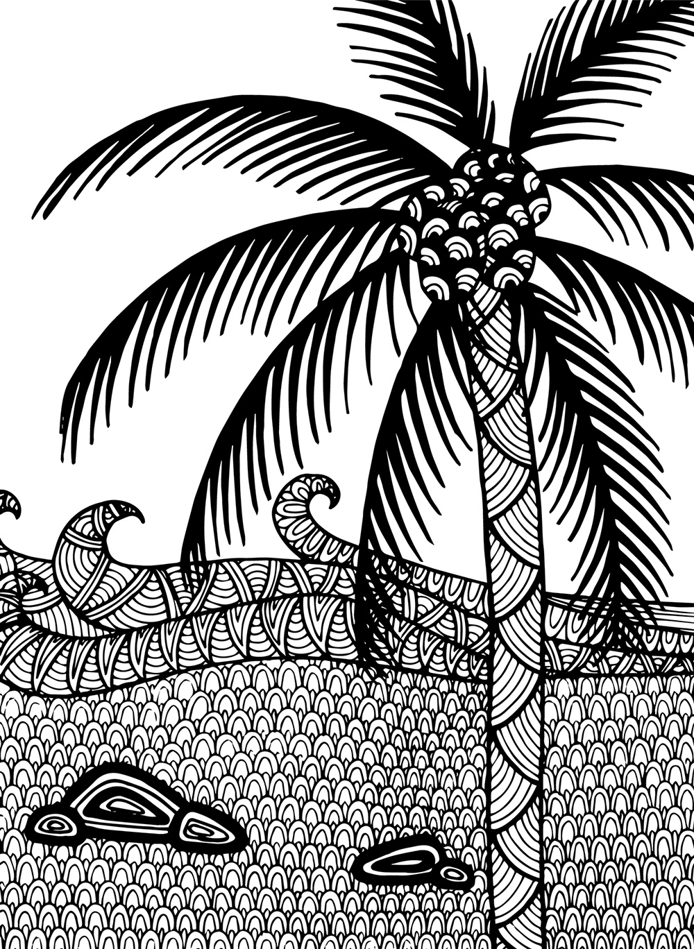 Decorative zentangle sea landscape with a palm