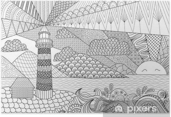 Poster seascape line art design for coloring book for adult anti stress coloring