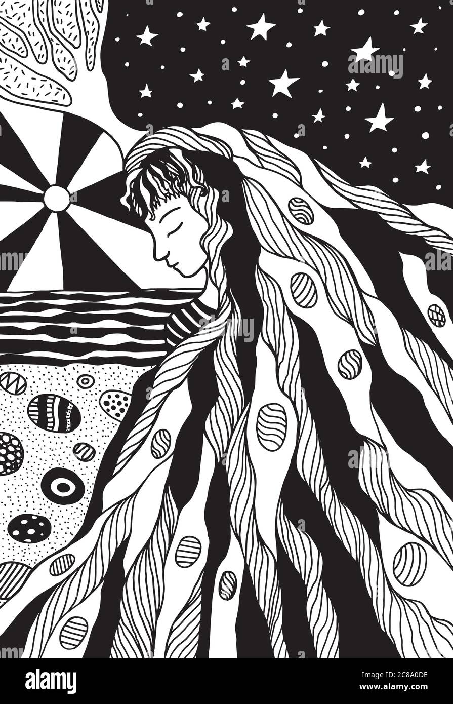Fantasy girl hair and sea landscape coloring page hand drawn doodle zentangle illustration with ocean stars tree rocks sun fairy tale zen art fo stock vector image art