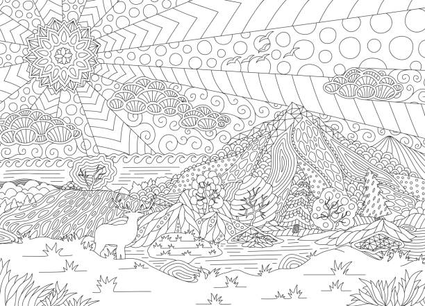 Black and white image with beautiful landscape stock illustration