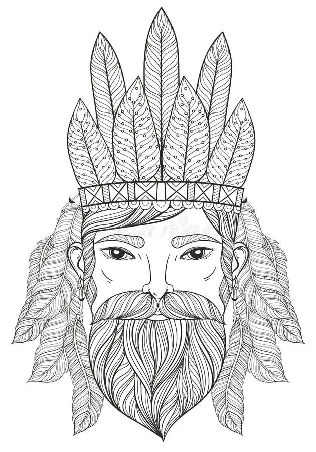 Vector zentangle portrait of man with mustache beard war bonnet with feathers for adult coloring pages tattoo art ethnic stock vector