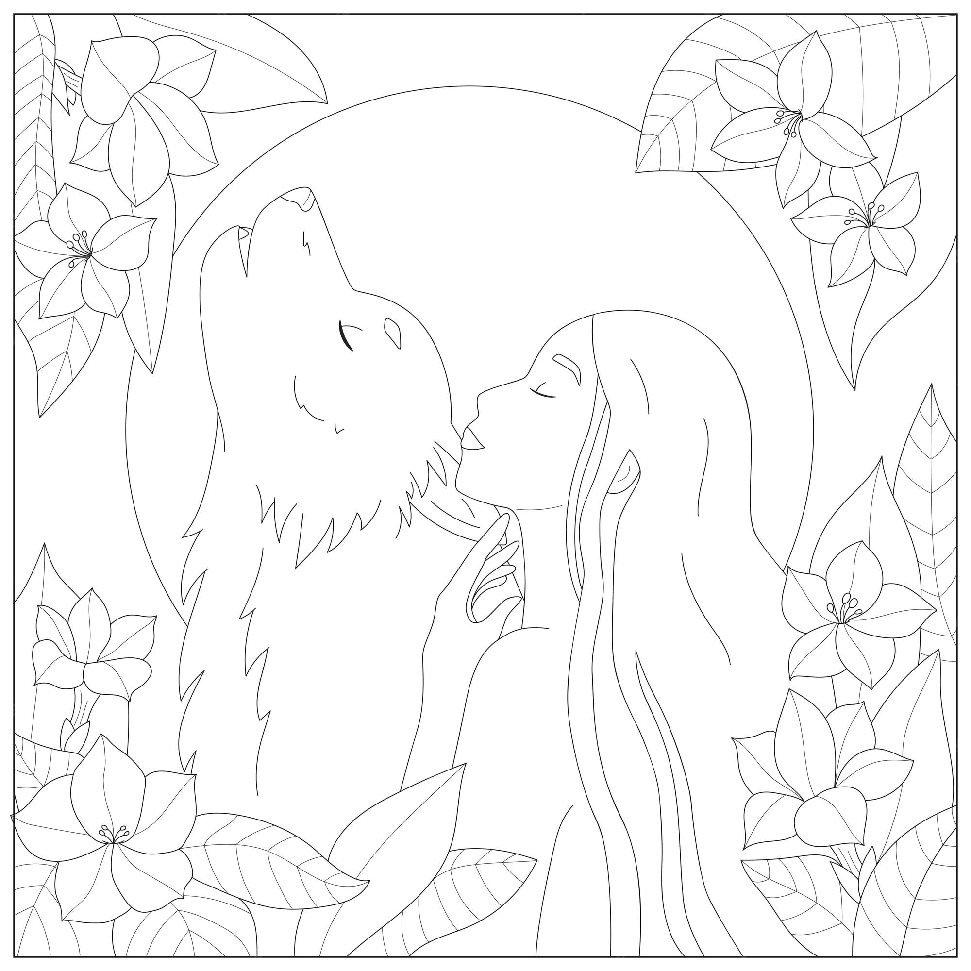 Premium vector zentangle coloring page with portrait of beauty woman and wolf