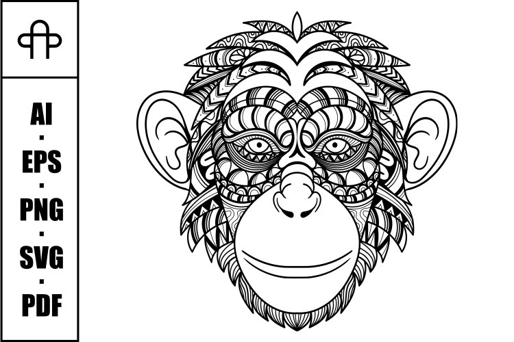Chimpanzee head mandala zentangle coloring page illustration