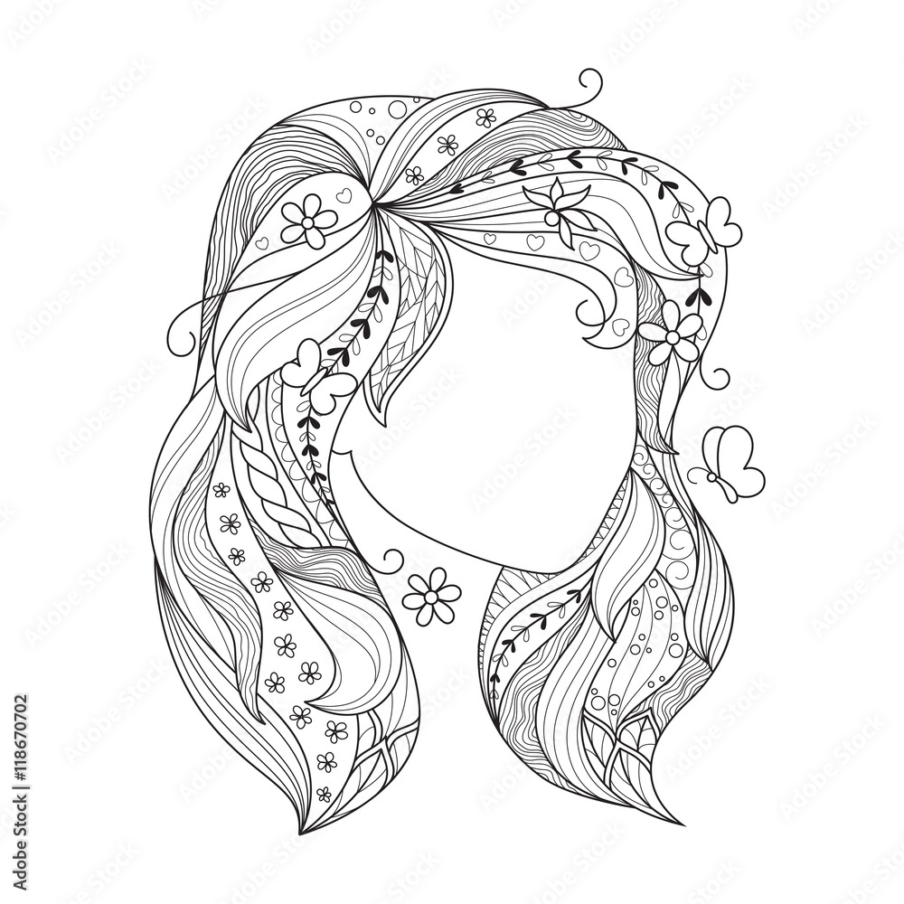 Zen art girl portrait of a female with zentangle hair for the adult antistress coloring page on white background vector
