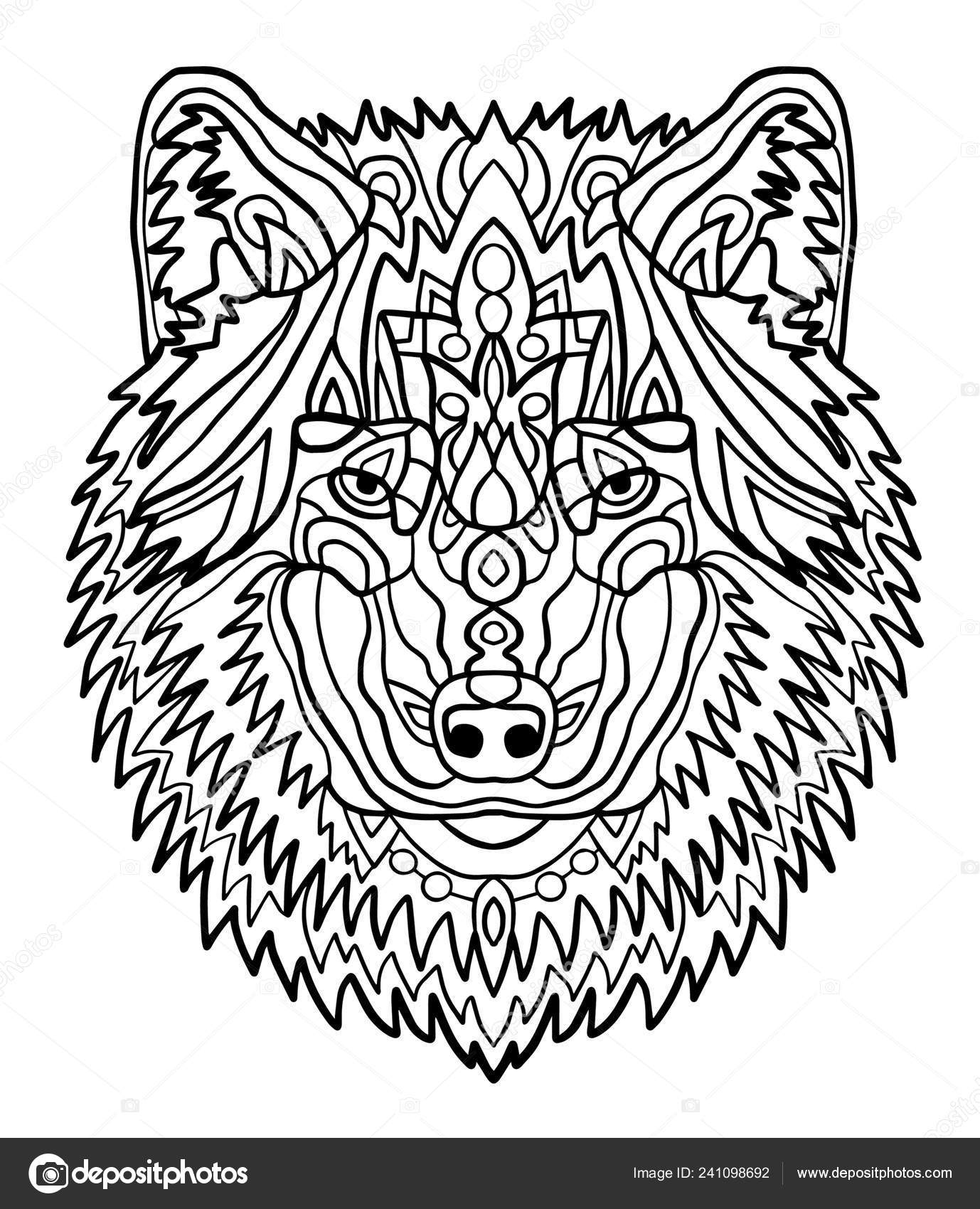 Portrait wolf hand drawn patterns coloring freehand sketch drawing adult stock vector by aleancher