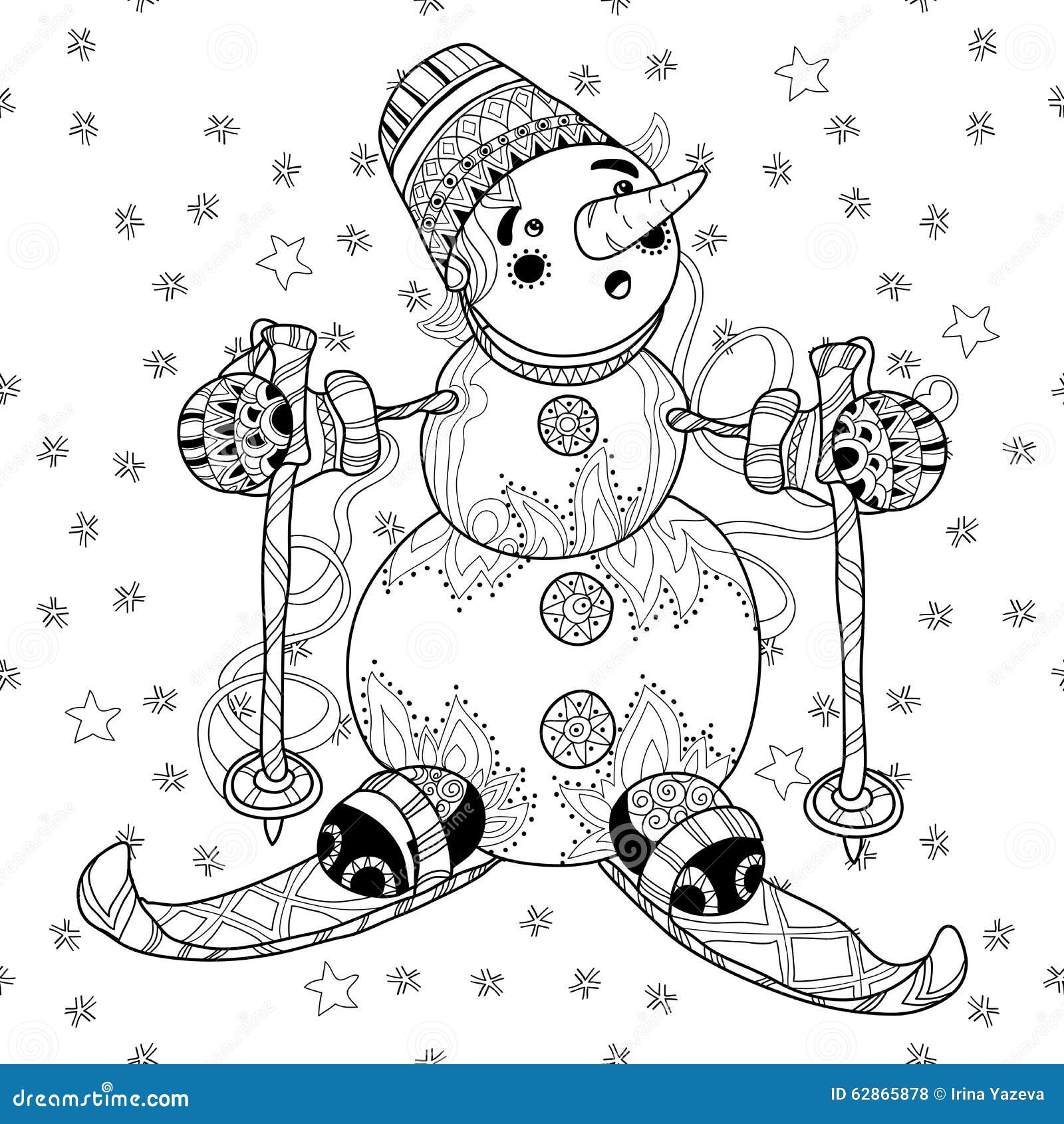 Zentangle doodle hand drawn christmas snowman ski stock vector