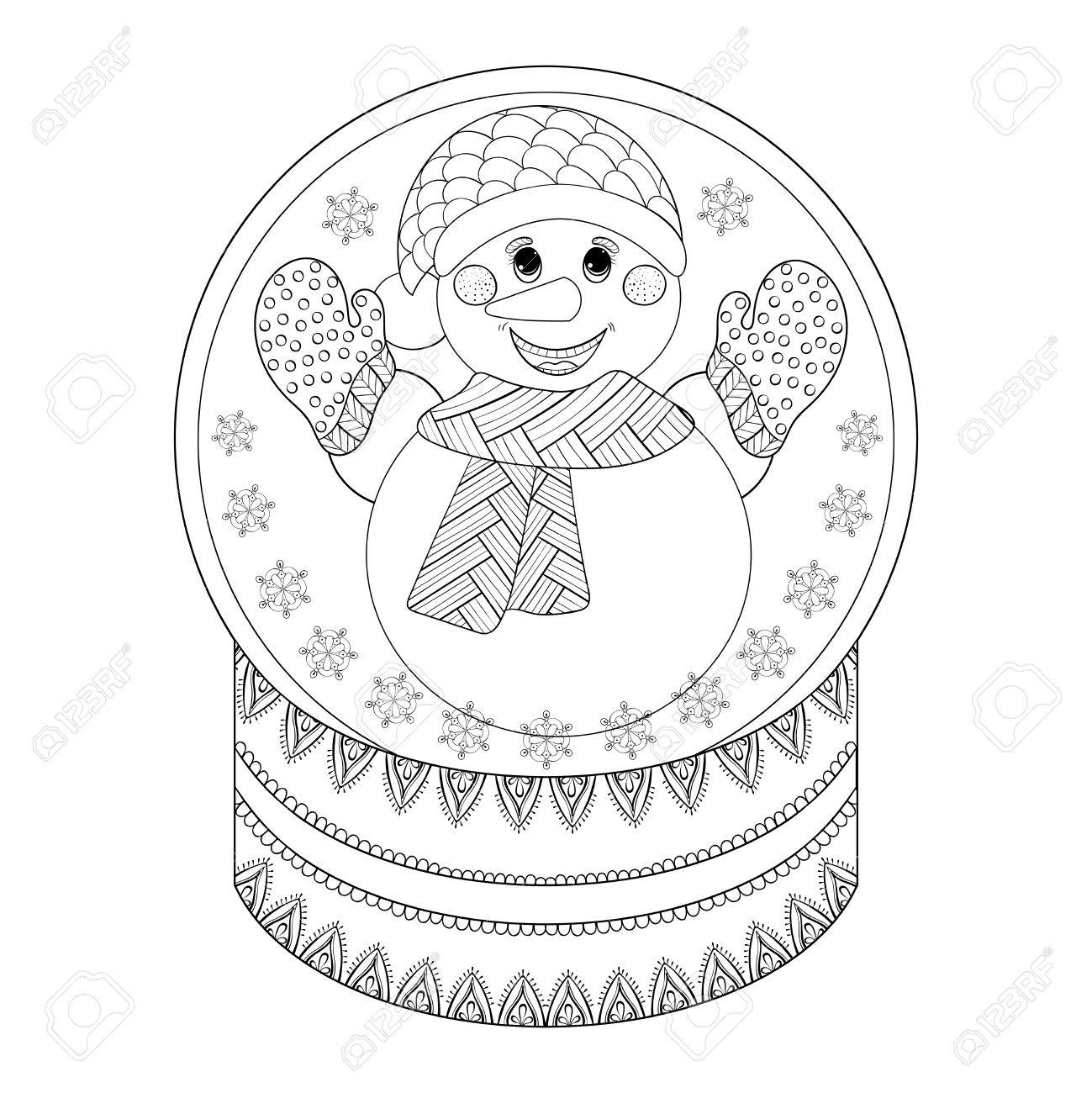 Vector zentangle chriatmas snow globe with snowman hand drawn ethnic decorative snowglobe for adult coloring book illustration for new year posters and greeting cards royalty free svg cliparts vectors and stock