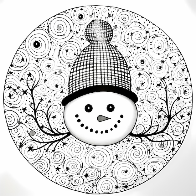 Premium ai image snowman magic mandala black white christmas coloring page white background